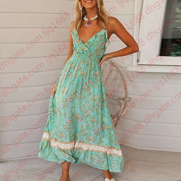 

spaghetti strap sundress women casual boho floral print beach holiday vestidos female 2020 new summer high waist v neck casual long dress, Black;gray