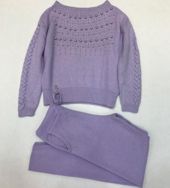 

cashmere sets + woolen diamond beading knit warm sets velvet sweater + mink cashmere trousers leisure two-piece suits wj2861, White