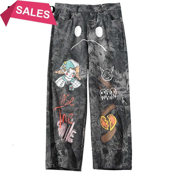 

lenstid 2021 hip streetwear men loose denim pants graffiti print black vintage jeans harajuku joggers cotton trousers, Blue