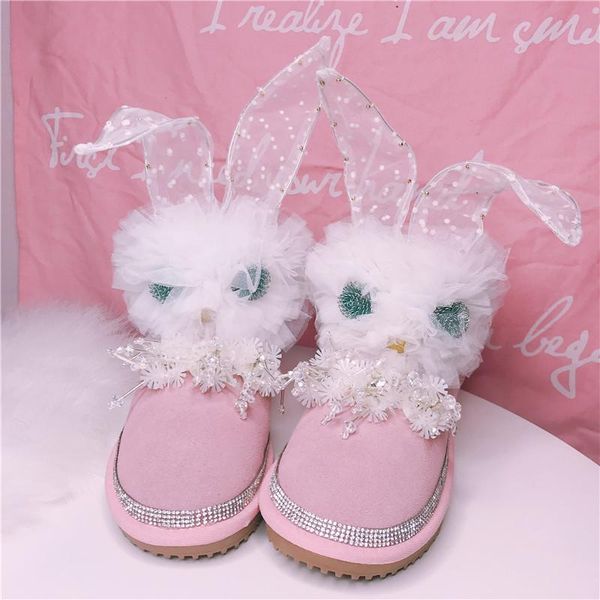 

boots winter lolita cute pink cotton short tube plus velvet kawaii cowhide anti-skiing shoes, Black