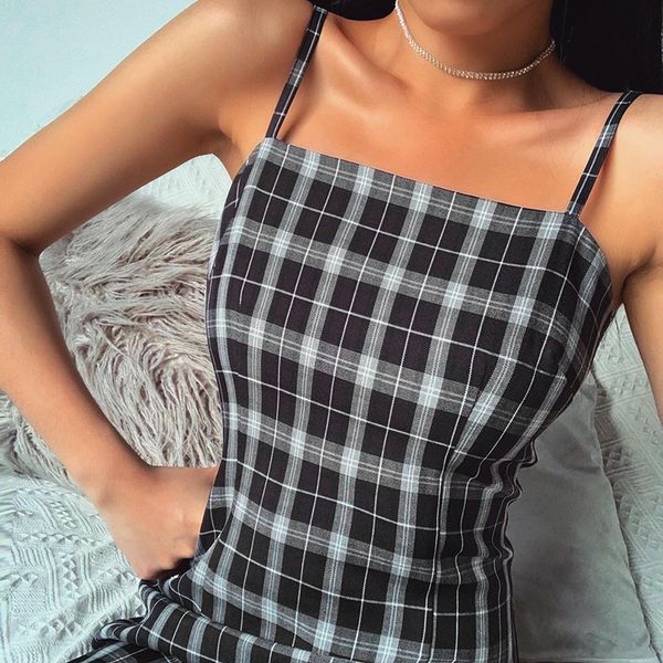 

elegant plaid spaghetti strap mini dress sleeveless streetwear casual slim women summer straight dresses fashion, Black;gray