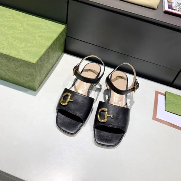 

spring summer 2021 new horse buckle low heel open toe sals flat bottom button with square head and shallow mouth roman shoes, Black