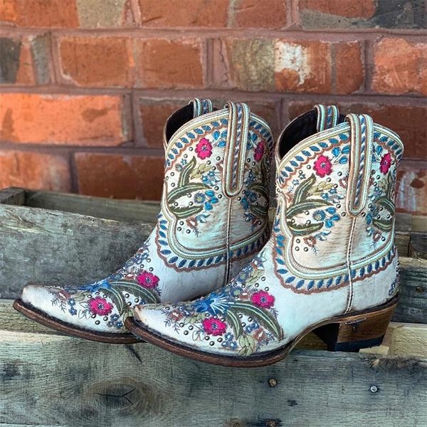 

boots mid calf women embroidery big size ladies slip on female ethnic shoes suqare heels women's casual footwear, Black