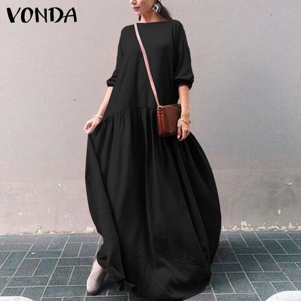 

vonda 2021 fashion spring solid sundress casual solid long sleeve dresses women's pleated shirt dress kaftan maxi long vestidos, Black;gray