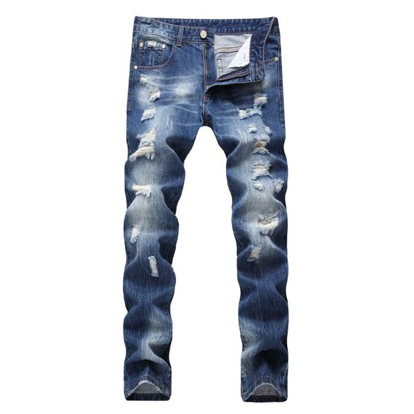 

men's jeans fashion all-match ripped cotton straight slim trousers, Blue