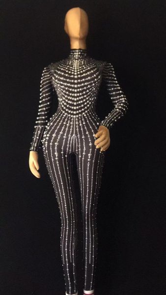 

women's jumpsuits & rompers women fashion shining black pearls jumpsuit stretch bodysuit stage performance party celebrate luxurious da, Black;white