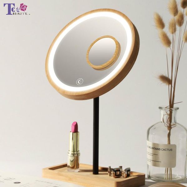 

compact mirrors wooden deskled makeup mirror 3x magnifying usb charging adjustable bright diffused light touch screen beauty