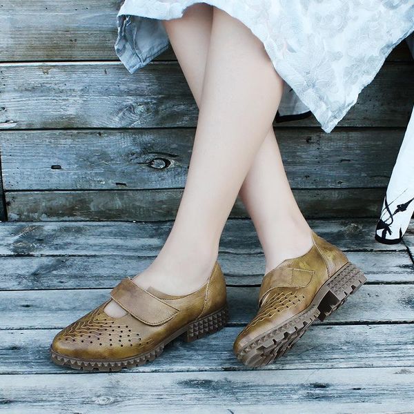 

dress shoes 2021 spring women's national wind retro manual leather pointed toe pumps hollow out ladies heels, Black