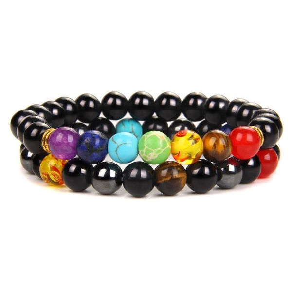 

charm bracelets 8mm seven chakra black stone bracelet reiki healing beads strand yoga women energy jewelry, Golden;silver