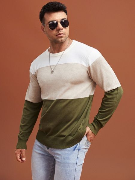 

extended sizes men color block sweater a9zd#, White;black