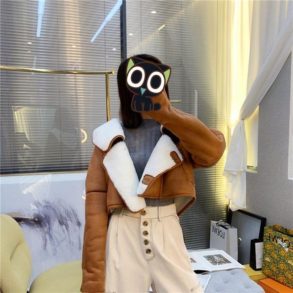 

women's leather & faux fashion lambswool stitching suede warm locomotive jacket for women hooded flocking short thick outerwear winter, Black