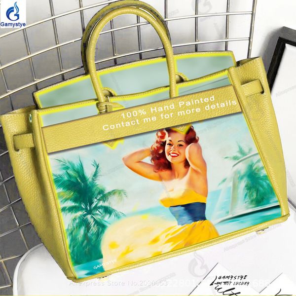 

art handmake paint pin up girls in yellow skirt large capacity genuine leather luxury handbags women bags cowhide shoulder&cross, Black;red