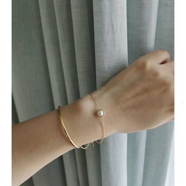 

ye yuan hand made pearl elbow double layer 925 sterling sier gilded elegant simple bracelet 006149fy, Golden;silver
