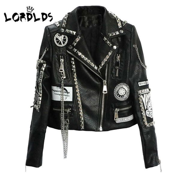 

lordlds black leather jackets women new spring autumn punk style turn-down collar ladies streetwear fashion short outwear 201013, Black;brown