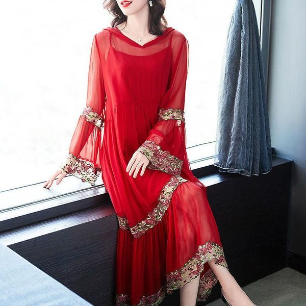 

women's fur & faux 2021 summer holiday style foreign lace loose large red hooded dress two piece sling, Black