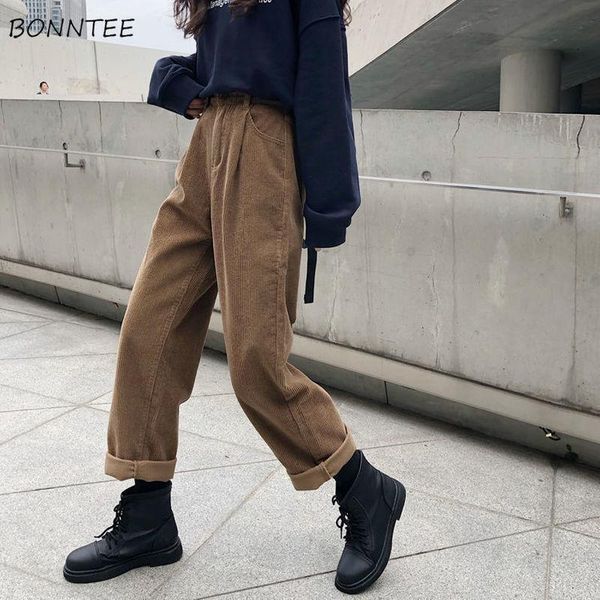 

women's pants & capris women elastic waist bf pockets chic corduroy teenagers straight all-match solid flat harajuku trousers thicker f, Black;white