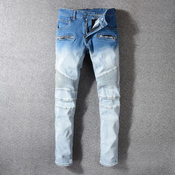 

2021 new men's male fashion light blue streetwear casual black slim-fit jeans biker denim pants trousers wujj