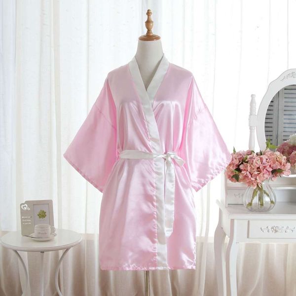 

bathrobe solid color matching collar short nightgown women's imitation silk kimono thin cardigan pajamas