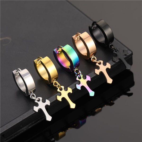 

hoop & huggie 2021 punk ear clip titanium steel earrings for men rock fashion cross stud cool jewelry pendientes women gifts, Golden;silver