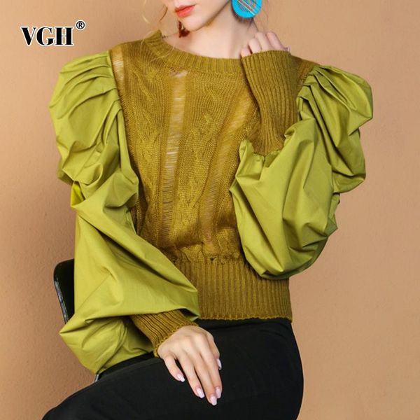 

women's sweaters vgh patchwork casual knitted pullovers for women o neck puff sleeve oversized short sweater female 2021 autumn fashion, White;black