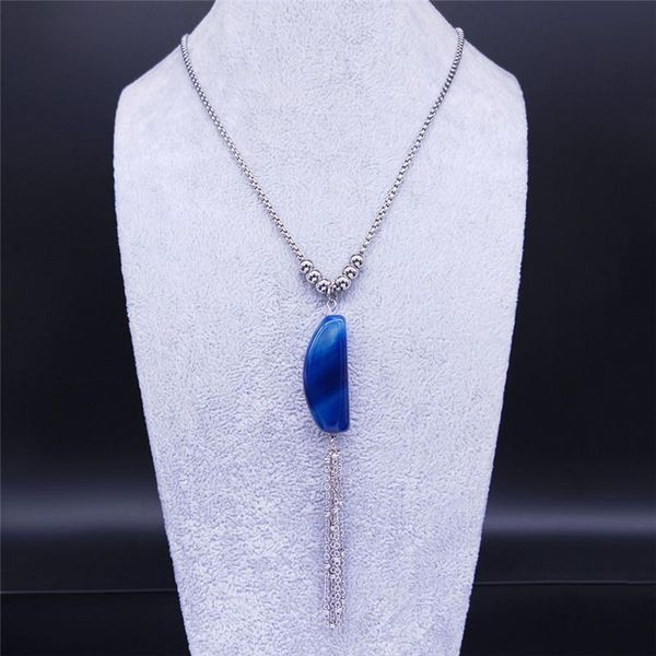

pendant necklaces 2021 fashion blue natural stone stainless steel long necklace women silver color tassel jewelry collar mujer ng74s04