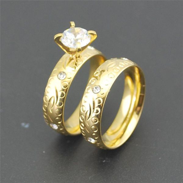 

wedding rings vintage gold color flower pattern couple with large cubic zirconia gothic stainless steel men jewelry for womens 2021, Slivery;golden
