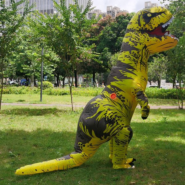 Mascote boneca traje engraçado inflável dino t-rex trajes adulto carnaval mascote traje halloween mulheres homem natal amarelo dinossauro vestido