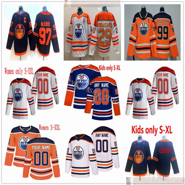 

2021 reverse retro men women kids youth hockey edmonton oilers wayne gretzky connor mcdavid leon draisaitl jesse puljujarvi adam larsson nug, Black;red