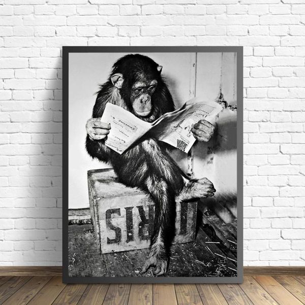 

paintings canvas painting funny monkey business poster and print wall reading spaper washroom restroom decor art picture
