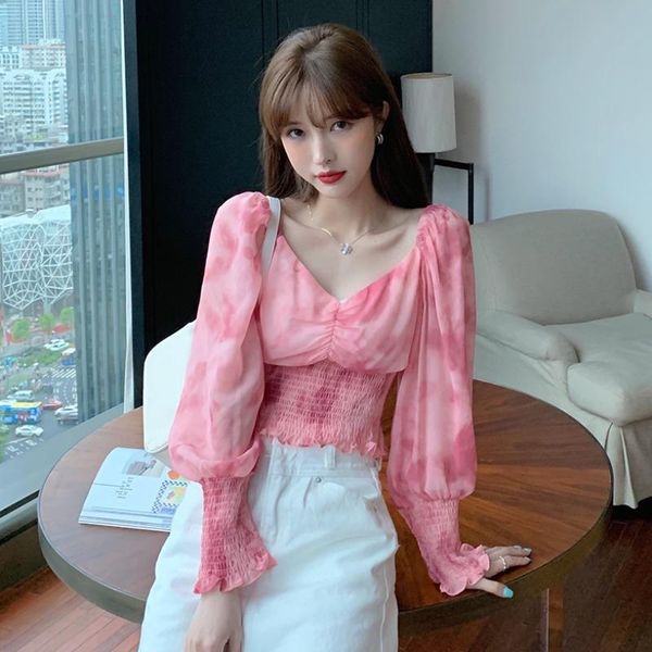 

women's blouses & shirts print pink v-neck autumn puff sleeve clothing crop korean clothes chiffon fashion brand ladies, White