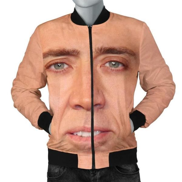 

men's bomber jacket the giant blown up face of nicolas cage 3d printed thick winter pocket outwear casual warm zip jacket, Black;brown