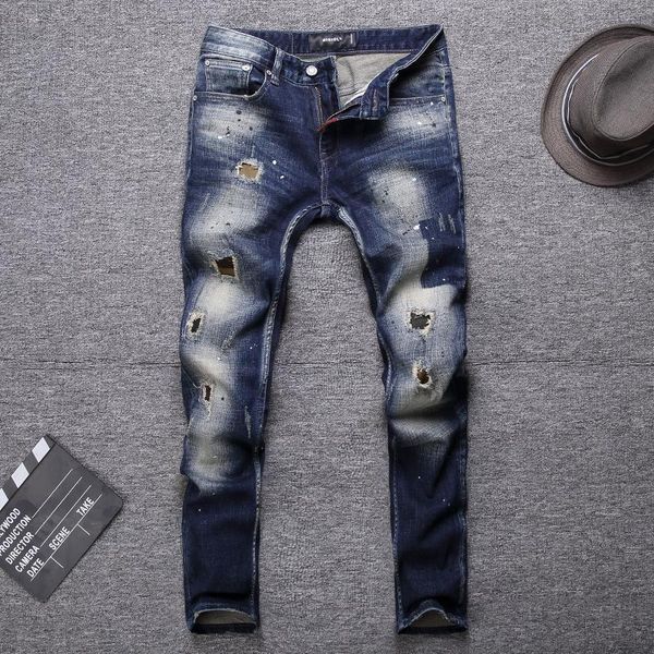 

fashion streetwear men jeans black blue slim fit destroyed ripped jeans men elastic punk pants hip hop homme