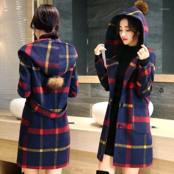

women's wool & blends 2021 fall/winter british coat slim fit three buttons plaid mid-length long sleeves sweet hooded woolen sweater, Black