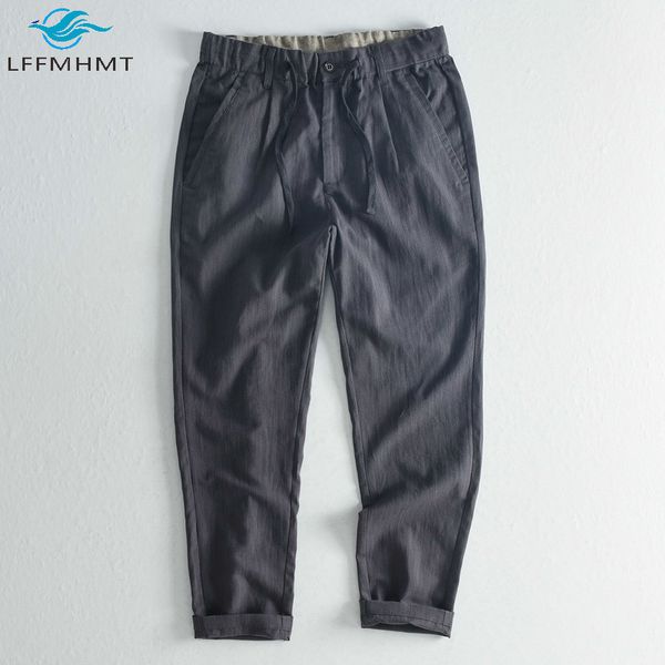 

mens spring autumn fashion elastic waist cotton linen harem pants japan style harajuku solid color ankle length casual trousers c0222, Black