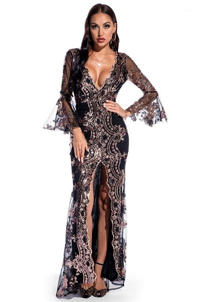 

vintage sequined evening dresses prom high split deep v-neck mermaid formal long maxi women elegant party gowns casual, Black;gray