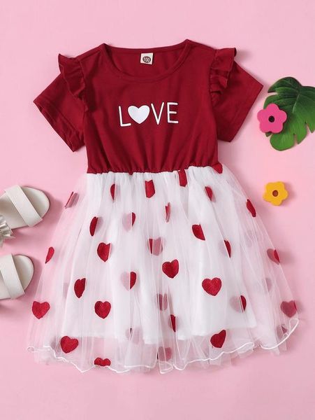 

toddler girls letter and heart print mesh panel dress she, Red;yellow