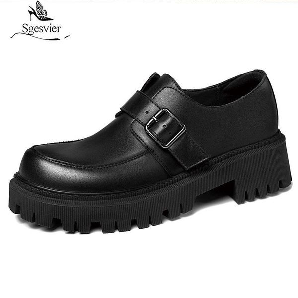 

dress shoes sgesvier plus size 34-43 genuine leather buckle punk platform round toe spring autumn ladies office, Black