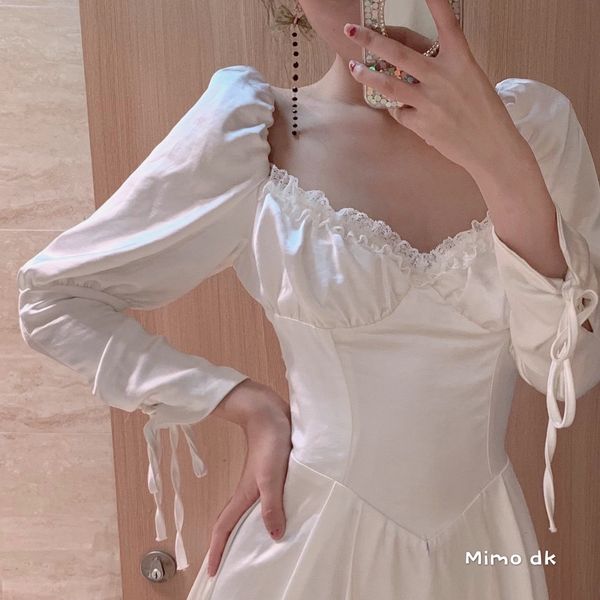 

2021 new autumn akawaii women's in white wedding dressed plain vintage court style hf75, Black;gray