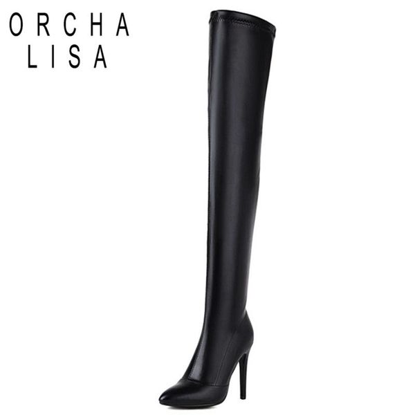 

boots orchalisa luxury party over knee high pu leather zipper pointed toe 12cm stileeto heel ladies plus size 49 s2464, Black