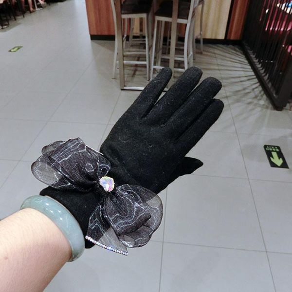 

five fingers gloves cashmere winter women' warmth touch screen korean lace bowknot diamond and velvet thickened for women, Blue;gray