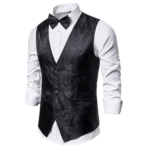

men's vests black paisley vest men gilet homme 2021 brand slim fit waistcoat wedding groom business formal dress with bowtie, Black;white