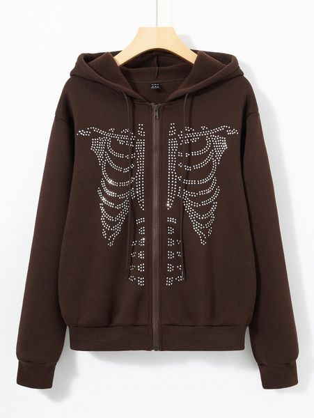 

rhinestone skeleton pattern drawstring thermal hoodie y0xx#, White;black
