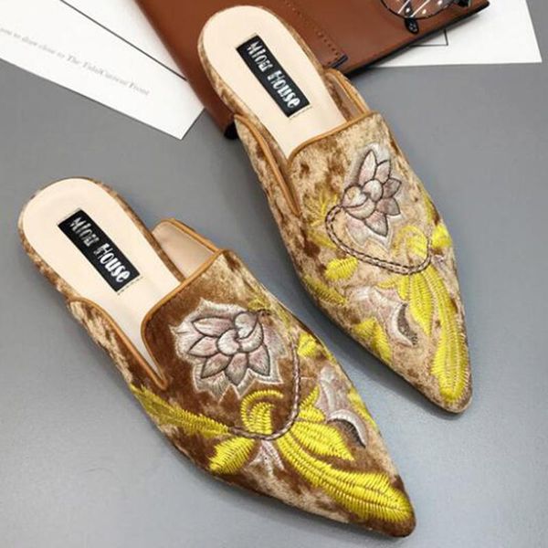 

slippers spring autumn women muller shoes flat low embroidery pointed toe fashion slides woman s789, Black