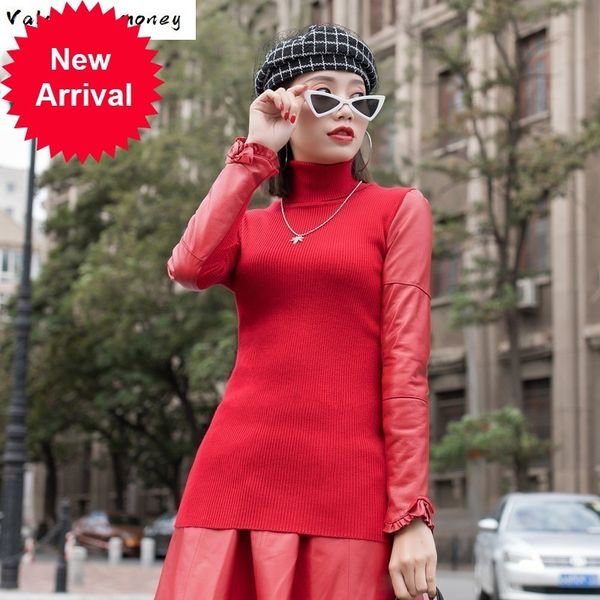 

new 2021 bow red turtleneck pullovers women fashion harajuku knitted sweater ladies high neck leather long sleeve winter clothes, White;black