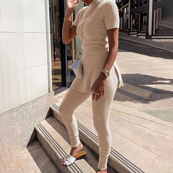 

knitted ribbed women's t-shirts set 2 piece set short sleeve t-shirt female suit 2021 autumn streetwear ladies long pants suits, Gray