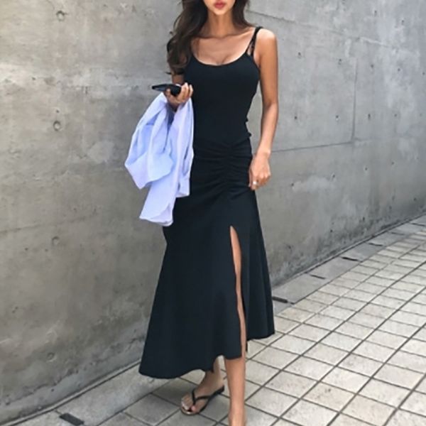 

korean fashion women's summer dress with waist and split inner wear bottoming office lady sleeveless 210603, Black;gray