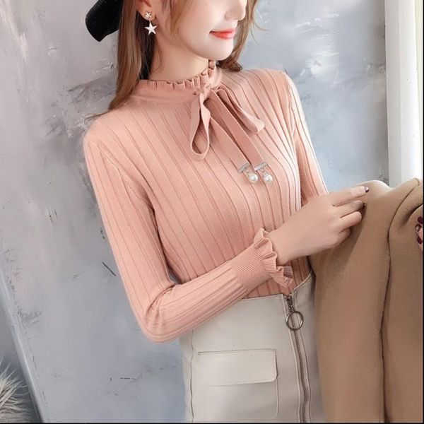 

women autumn winter solid color slim sweet sweater lady long sleeve high collar slim bottoming knit sweaters, White;black