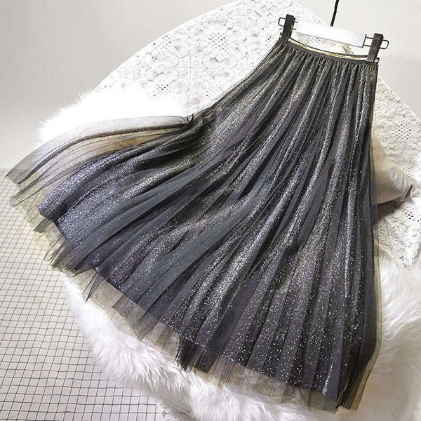 

women's 2021 new autumn and winter yarn high waist long medium length pleated sequin mesh skirt, Black;gray