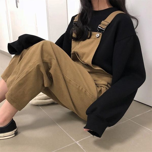 

jumpsuits women solid chic retro cargo denim overall jumpsuit preppy ulzzang leisure all-match baggy slouchy suspender trouser, Black;white