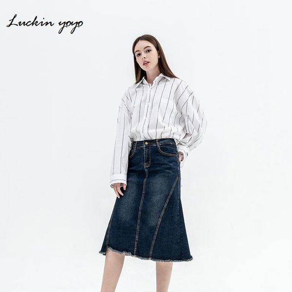 

skirts luckin yoyo 2021 female denim plus size knee length long womens skirt high waist jeans saia jupe, Black